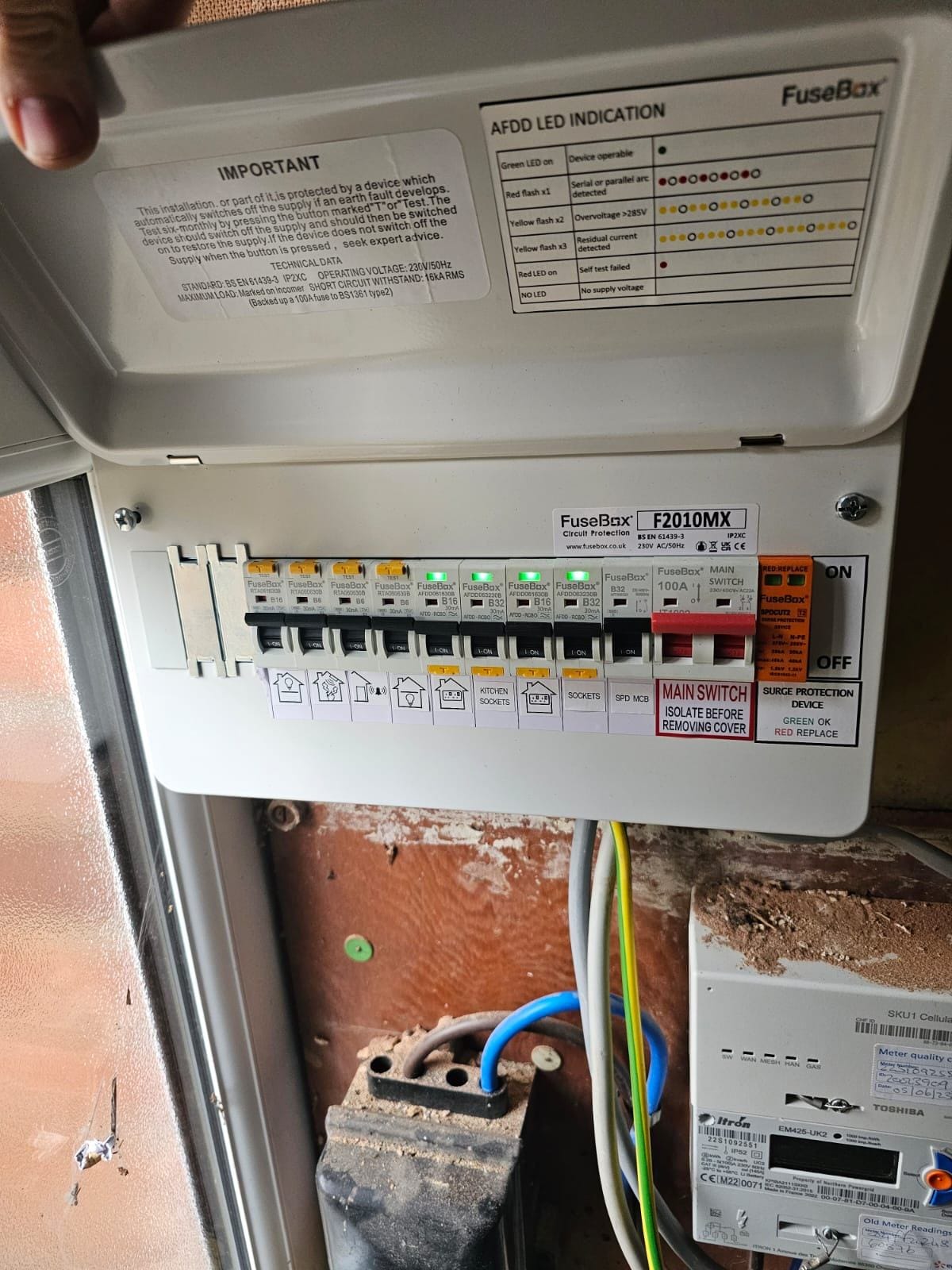 Completed consumer unit replacement in Northampton with AFDD arc-fault protection, labelled and certified by JW Electrical